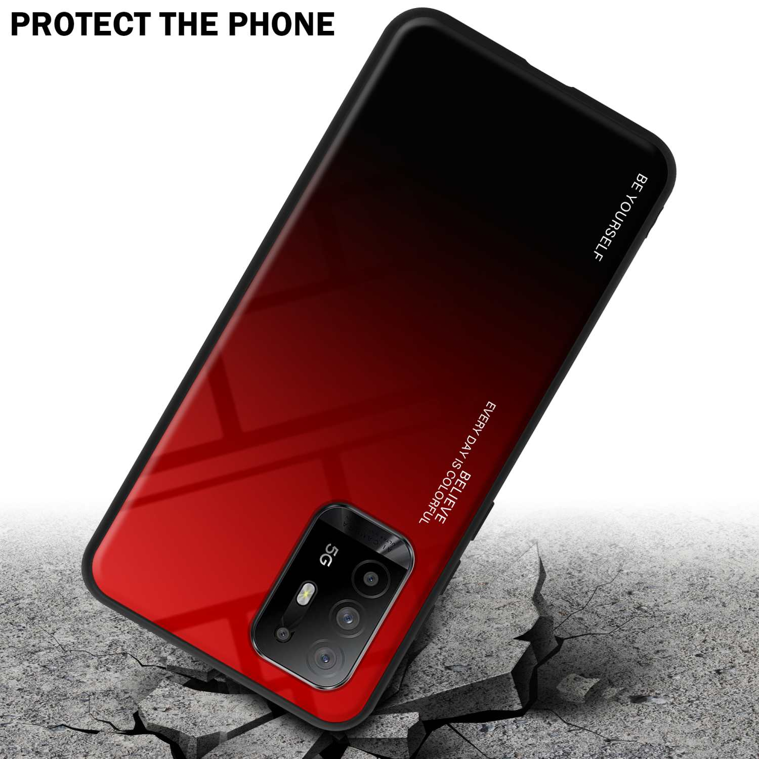 Custodia per telefono con sfumatura rossa e nera, e telefono su superficie di cemento crepata e testo 'PROTECT THE PHONE'.