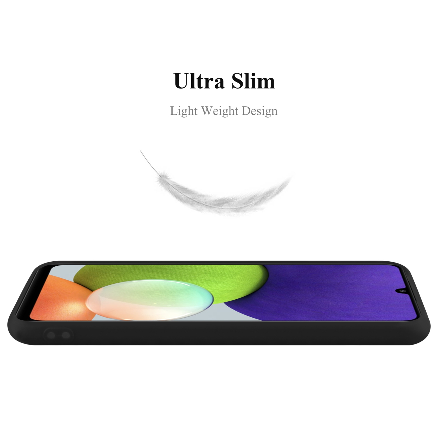 Custodia nera per telefono con un telefono. Il testo dice Ultra Slim, Light Weight Design. Viene mostrata una piuma bianca.
