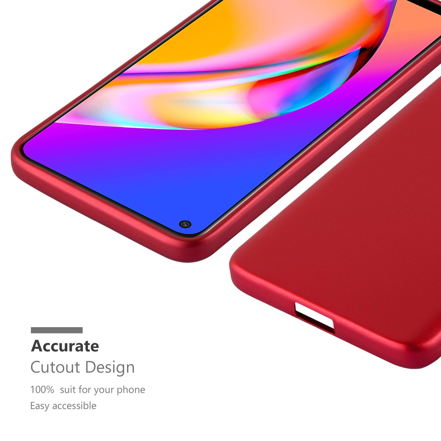 Custodia per telefono rossa, vista da vicino. La custodia ha un design ritagliato. Il bordo del telefono è visibile.