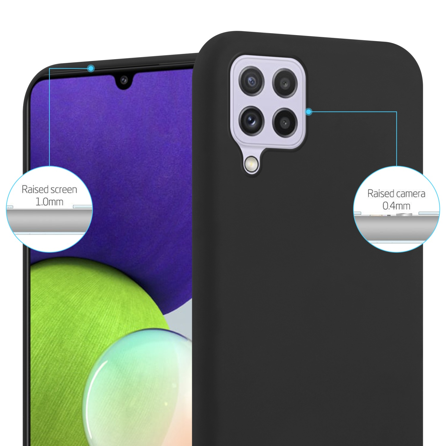 Custodia nera con telefono dentro. Annotazioni: Protezione schermo e fotocamera rialzata, schermo 1,0mm, fotocamera 0,4mm.