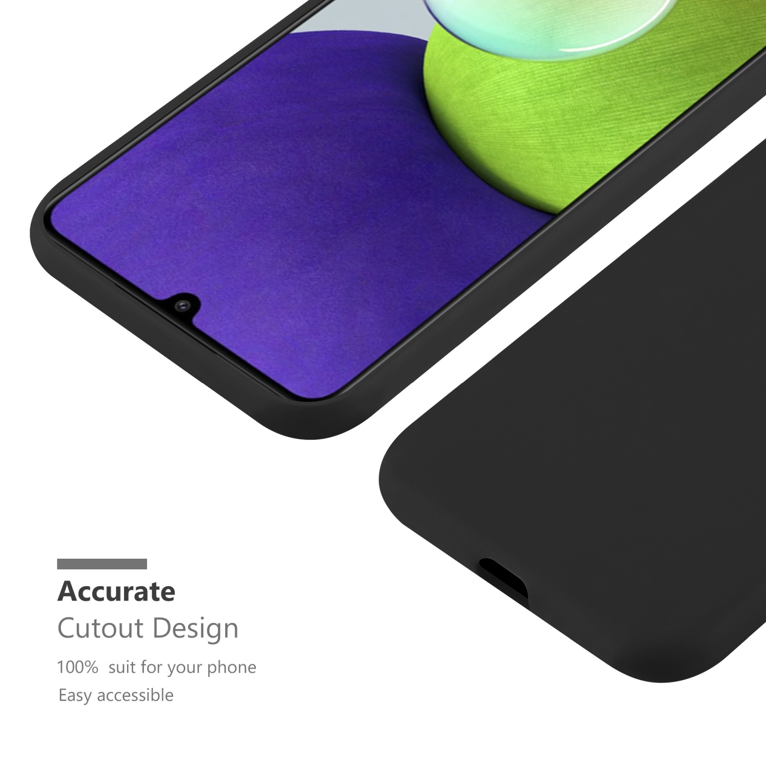 Telefono nero in una custodia con un design ritagliato. Lo schermo del telefono mostra un'immagine verde e viola.