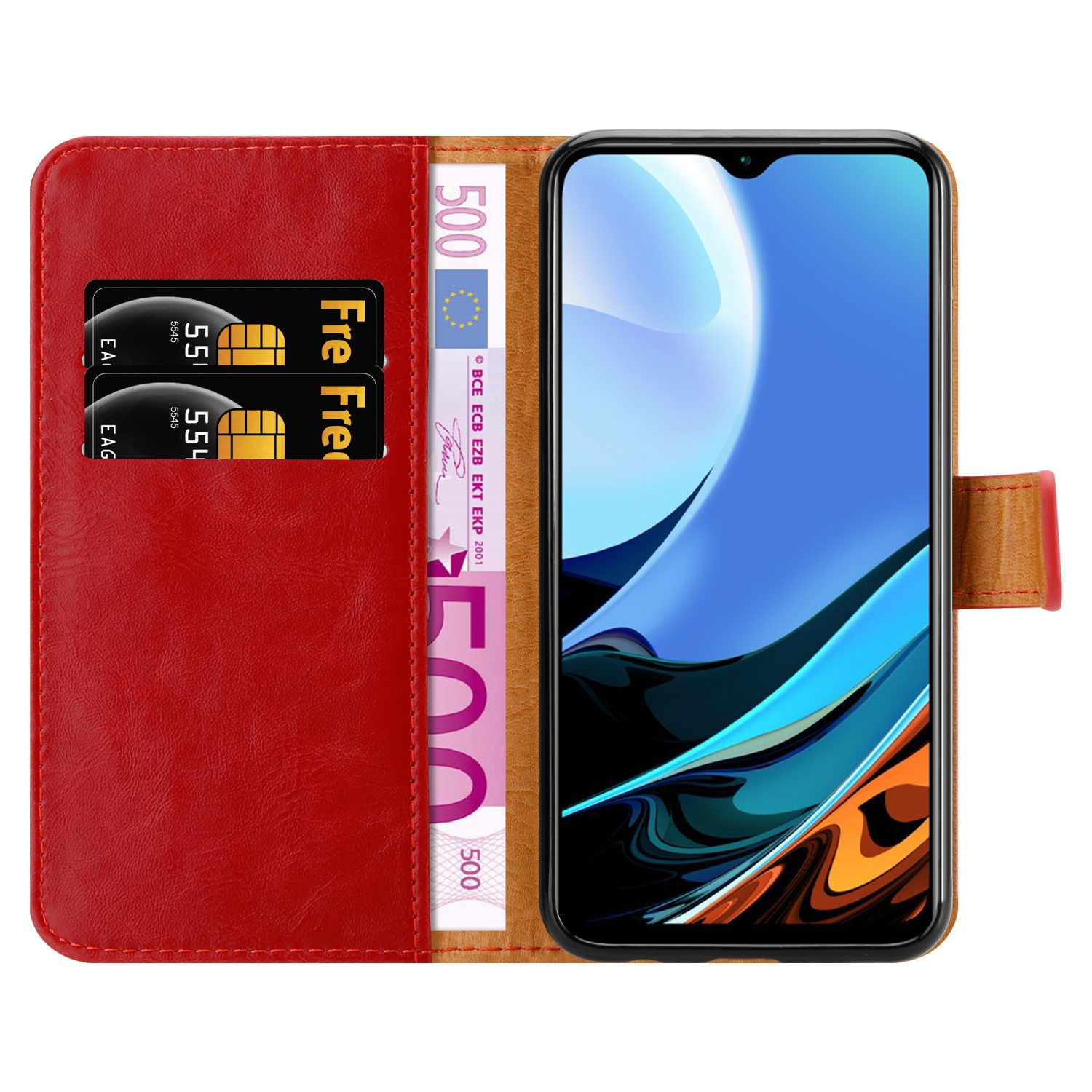 Portafoglio per telefono rosso con denaro e carte all'interno, e un telefono. Sfondo bianco.