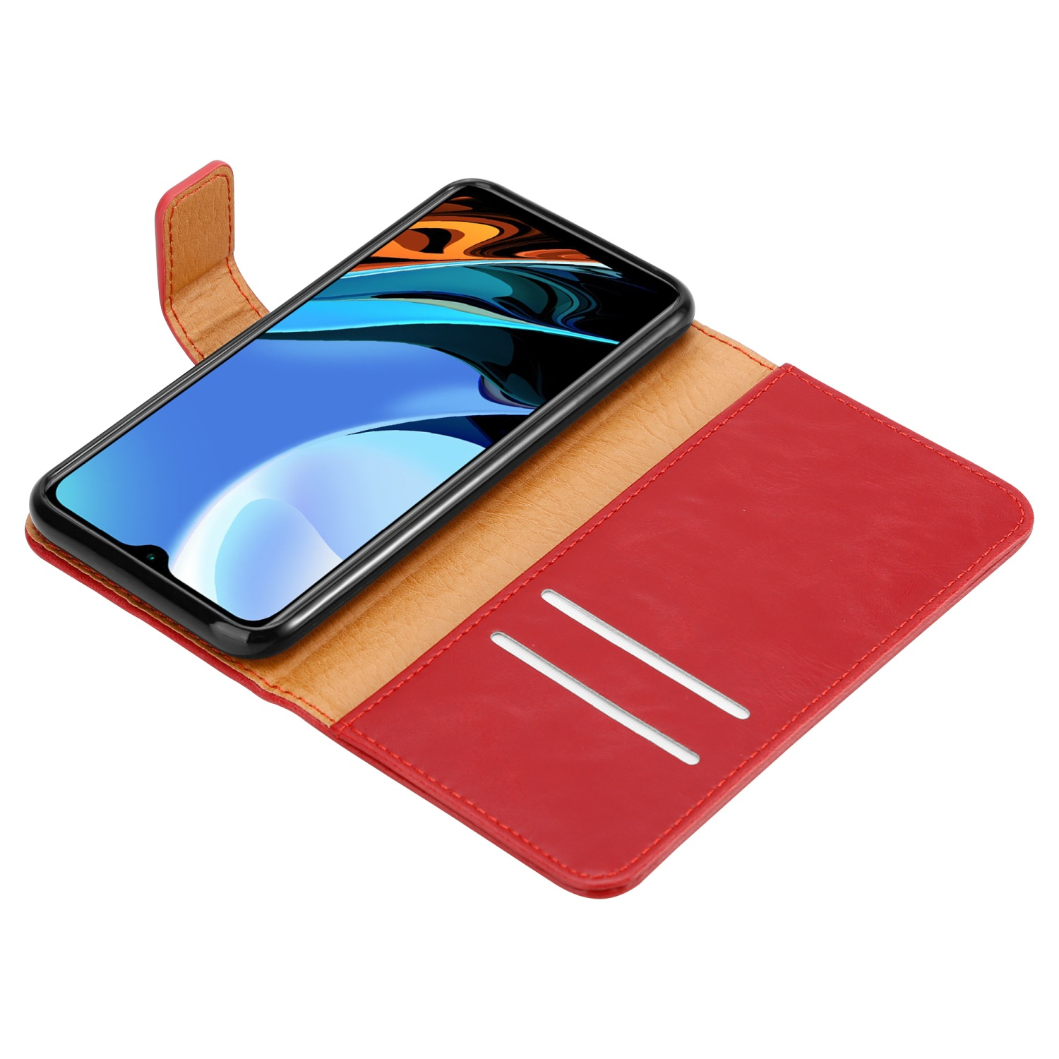 Una custodia rossa per telefono è aperta, rivelando un telefono. La custodia è rossa e ha degli slot per le carte.