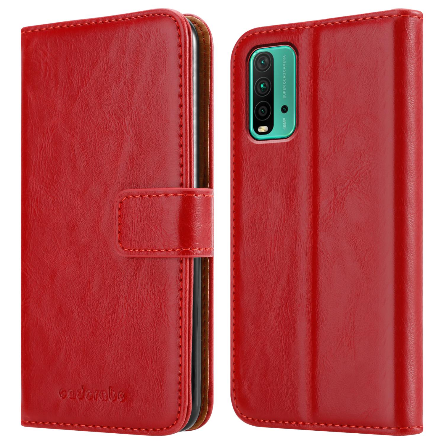Custodia rossa per telefono stile portafoglio, aperta. Interno: carte, denaro. Esterno: marchio 'saderobo'.