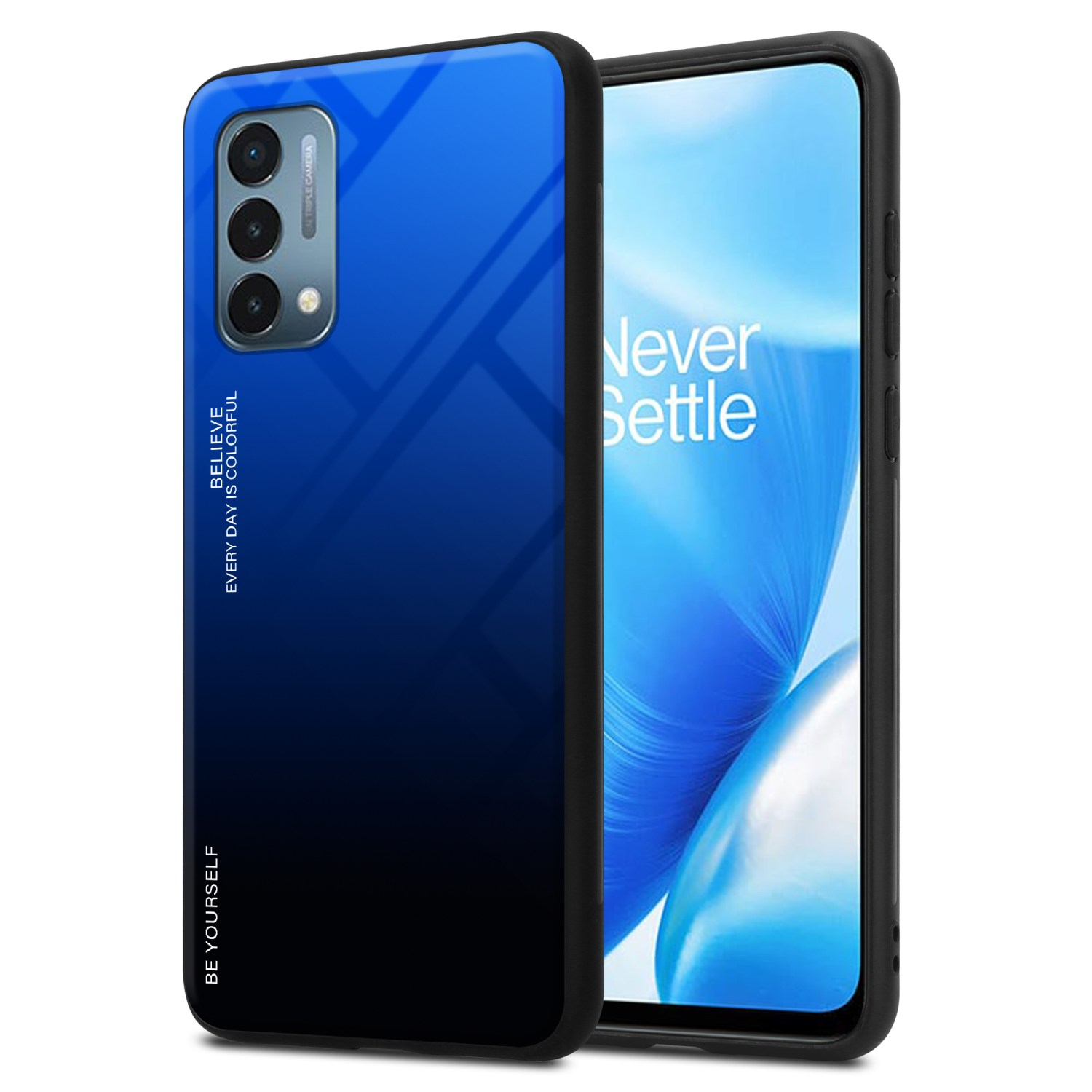 Blau-schwarze Handyhülle mit Telefon. Text: 'Believe, Every Day Is Colorful, Be Yourself'.