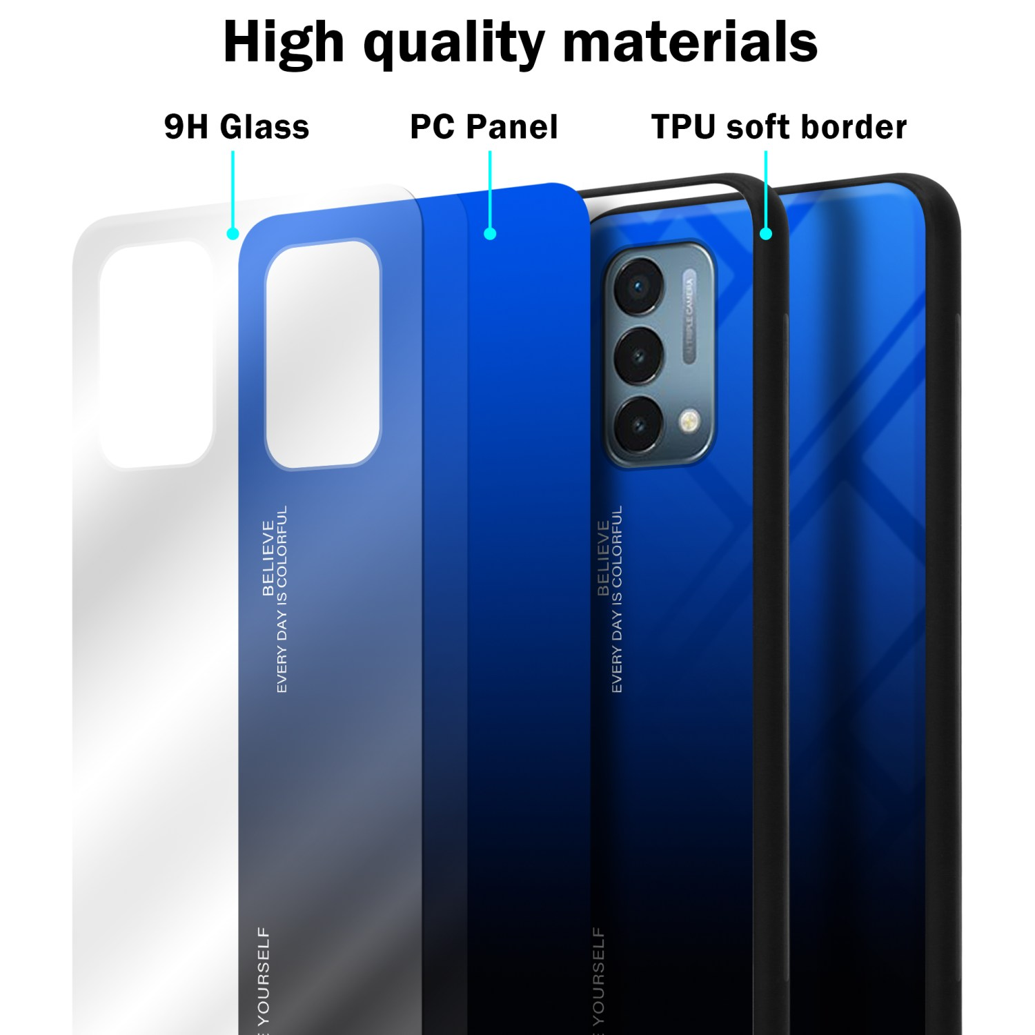 Handyhüllen-Schichten: 9H Glas, PC-Panel, TPU-Soft-Border. Das Design ist blau und schwarz.
