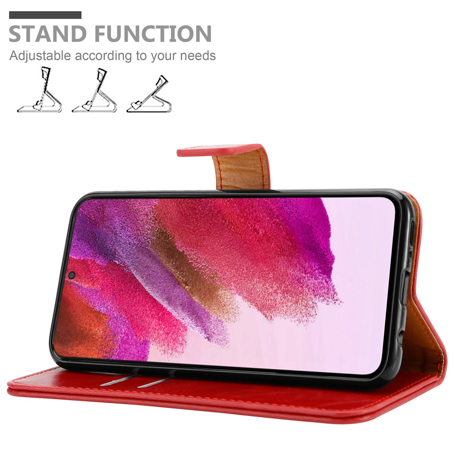 Custodia per telefono rossa, con telefono all'interno, che mostra illustrazioni della funzione stand.