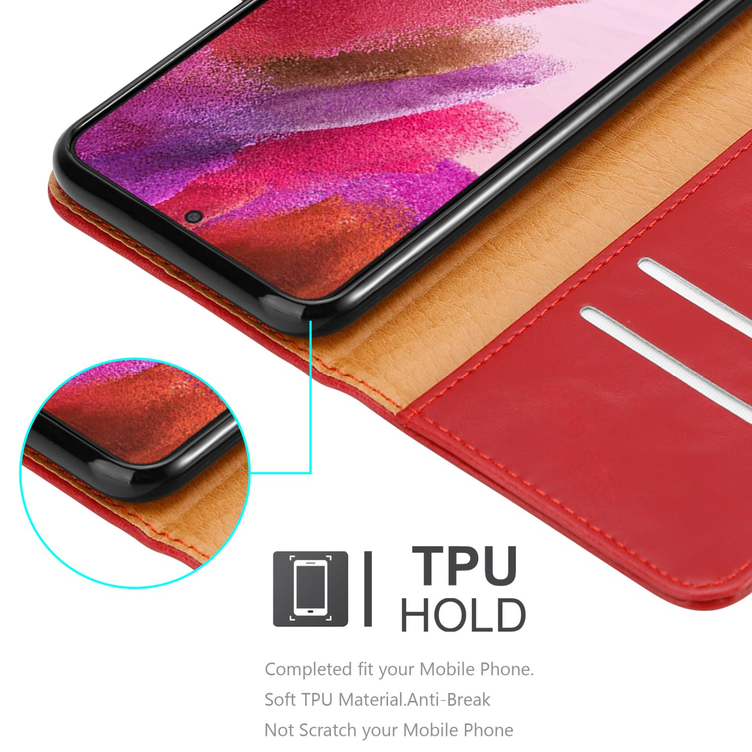 Una custodia per telefono rossa con interno beige. Il telefono è inserito nella custodia. Viene visualizzato il testo 'TPU HOLD'.