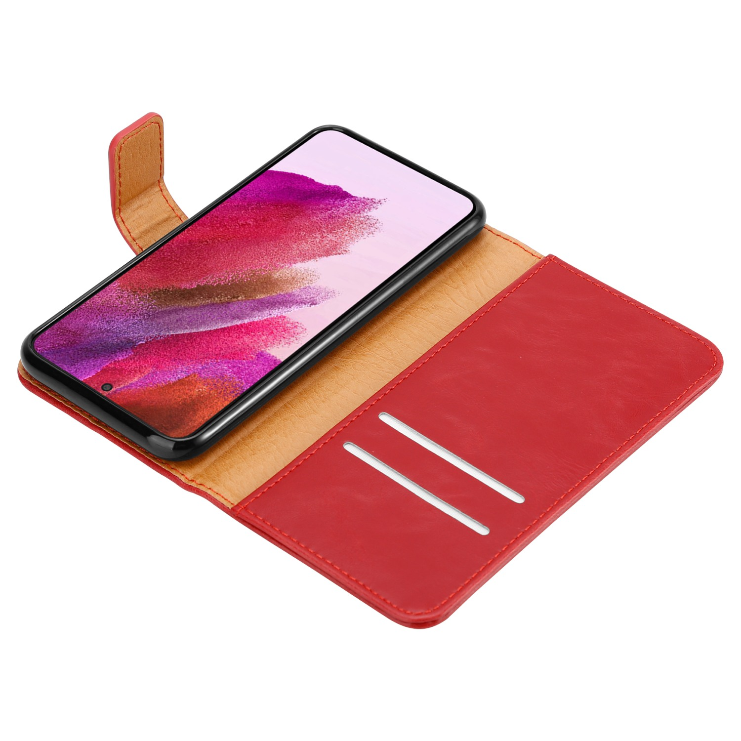 Custodia rossa aperta, che rivela un telefono. La custodia ha fessure per carte. Schermo rosa.