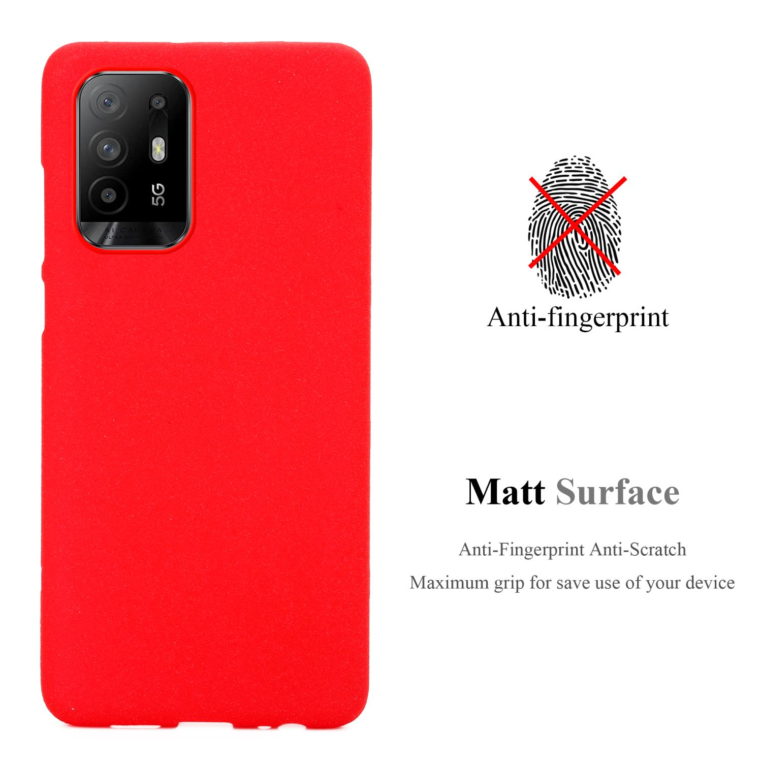 Custodia rossa per telefono con telefono, sfondo rosso. Testo: 'Anti-impronte' e 'Superficie opaca'.