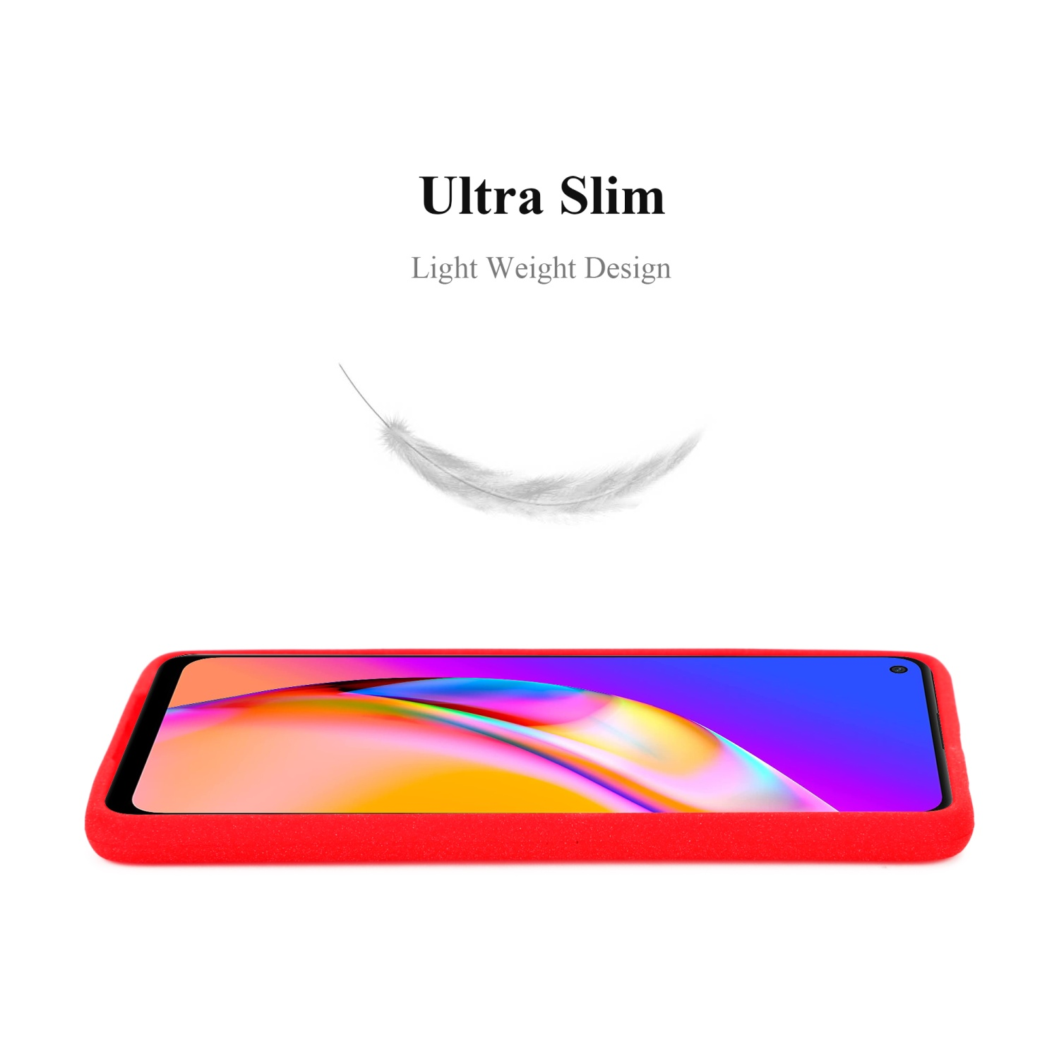 Custodia rossa per telefono, design ultra sottile. La custodia è appoggiata su una superficie bianca.