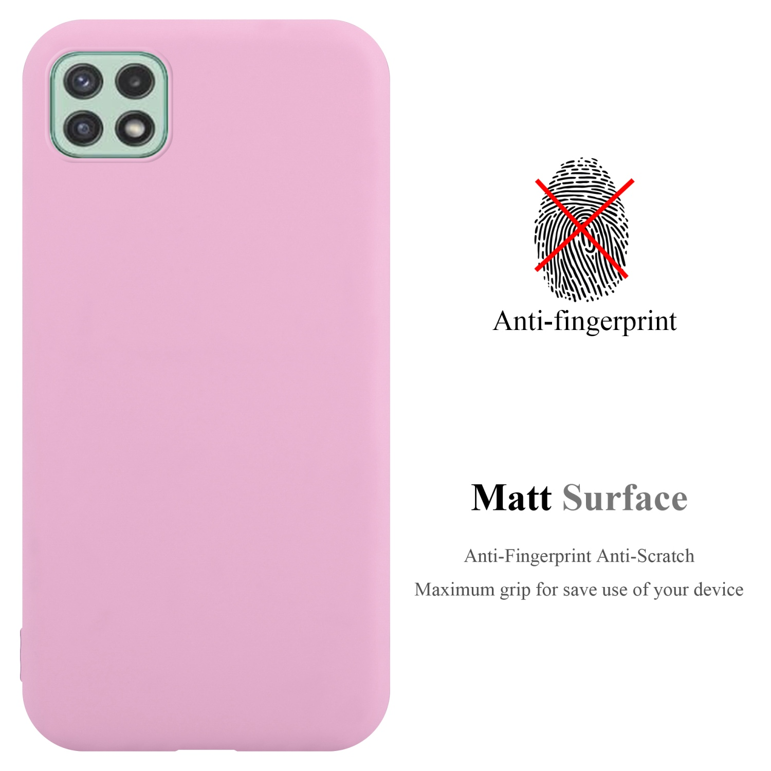 Custodia per telefono rosa con testo anti-impronta e impronta digitale con croce rossa.
