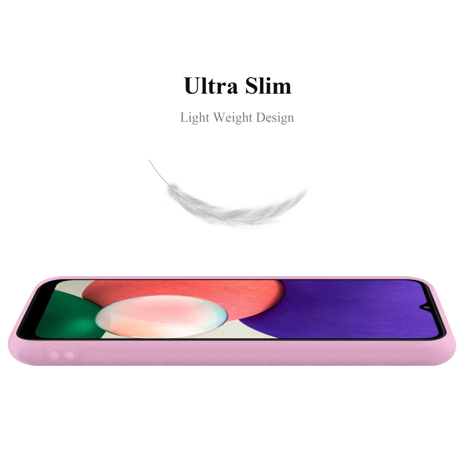 Telefono in una custodia rosa. Testo: Ultra sottile, design leggero, con una grafica a forma di piuma.