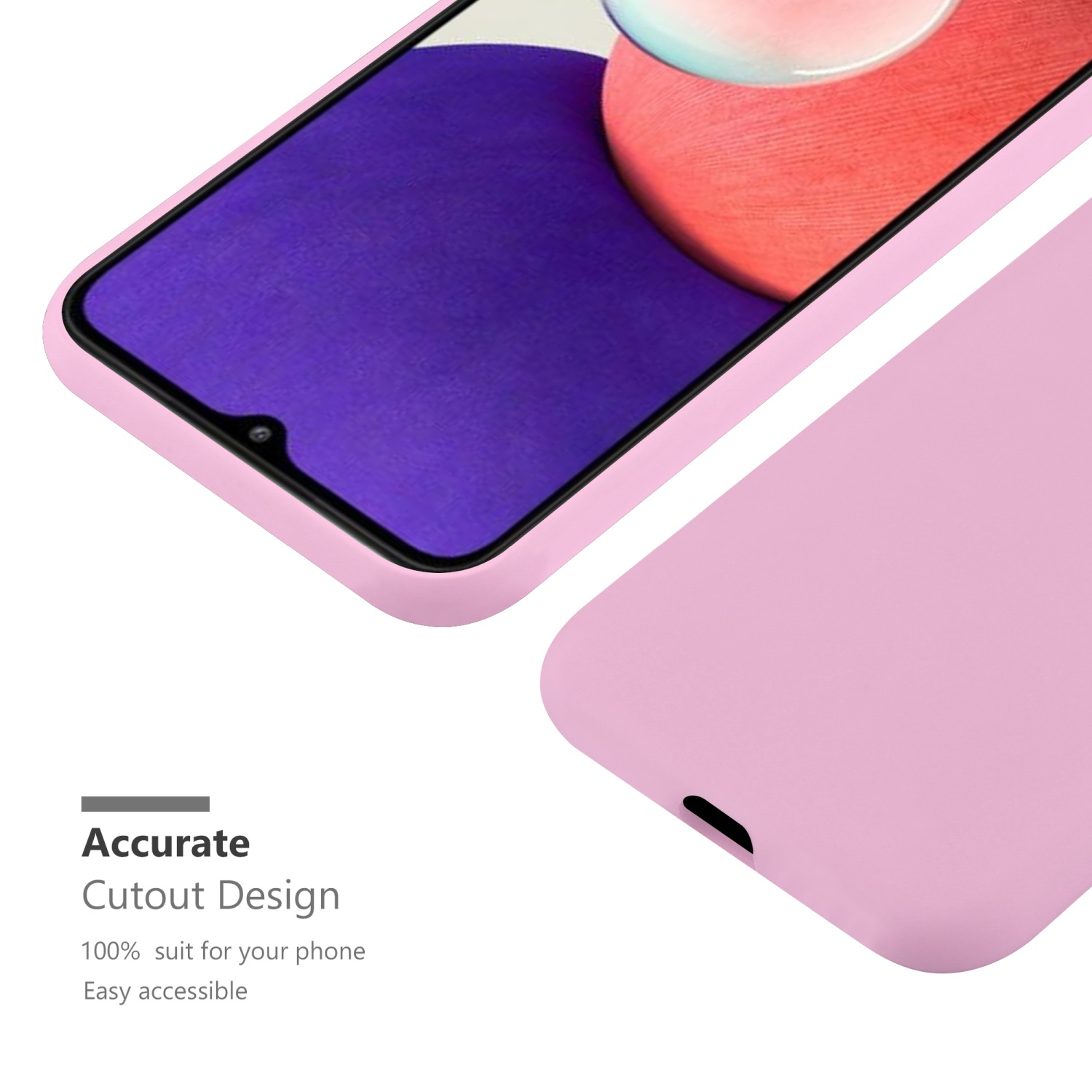 Custodia rosa per telefono con telefono all'interno. Il testo indica un design di ritaglio preciso.