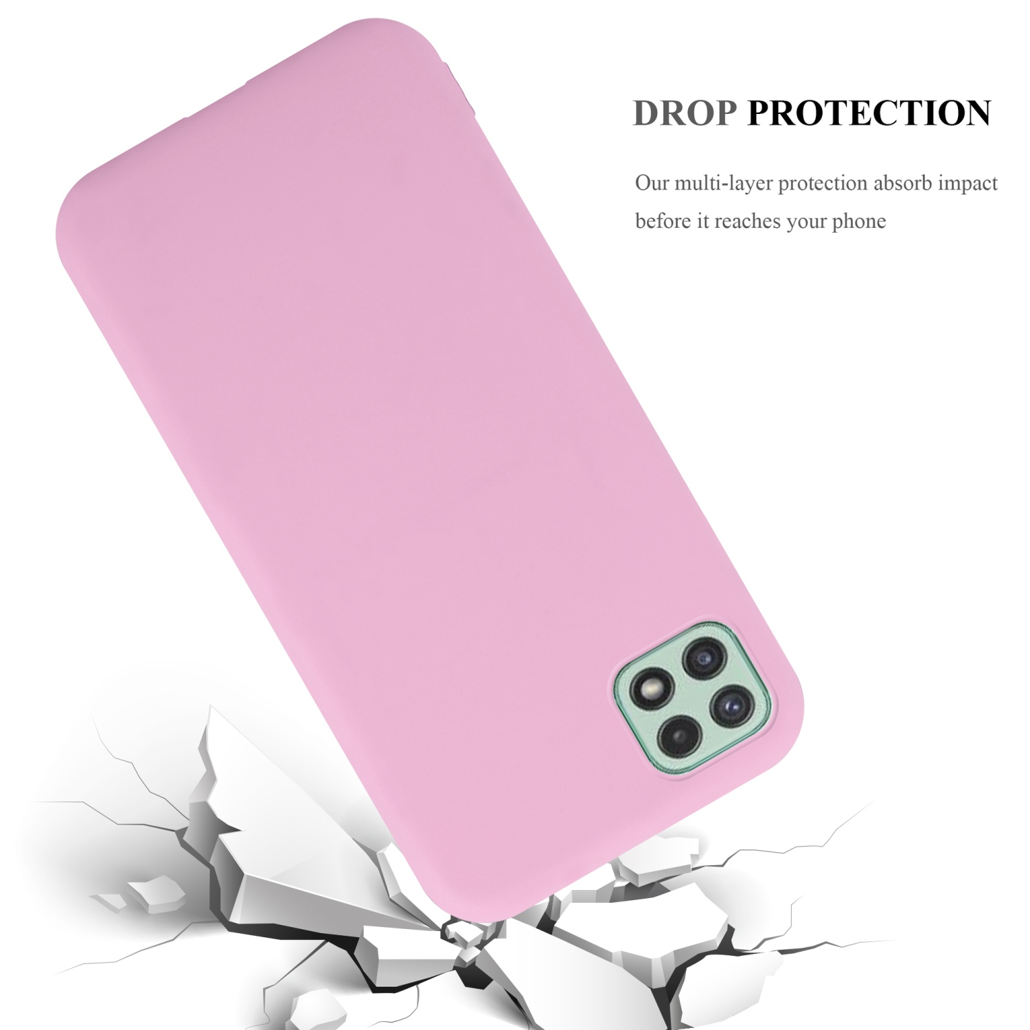 Custodia rosa che cade, rompendo il terreno. La custodia ha una configurazione della fotocamera.