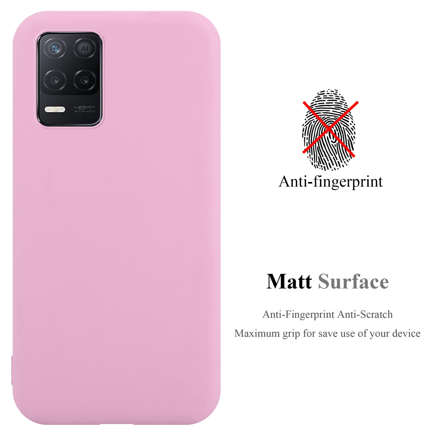 Custodia rosa per telefono, vista posteriore. Testo: Anti-impronte, Superficie opaca e presa massima.