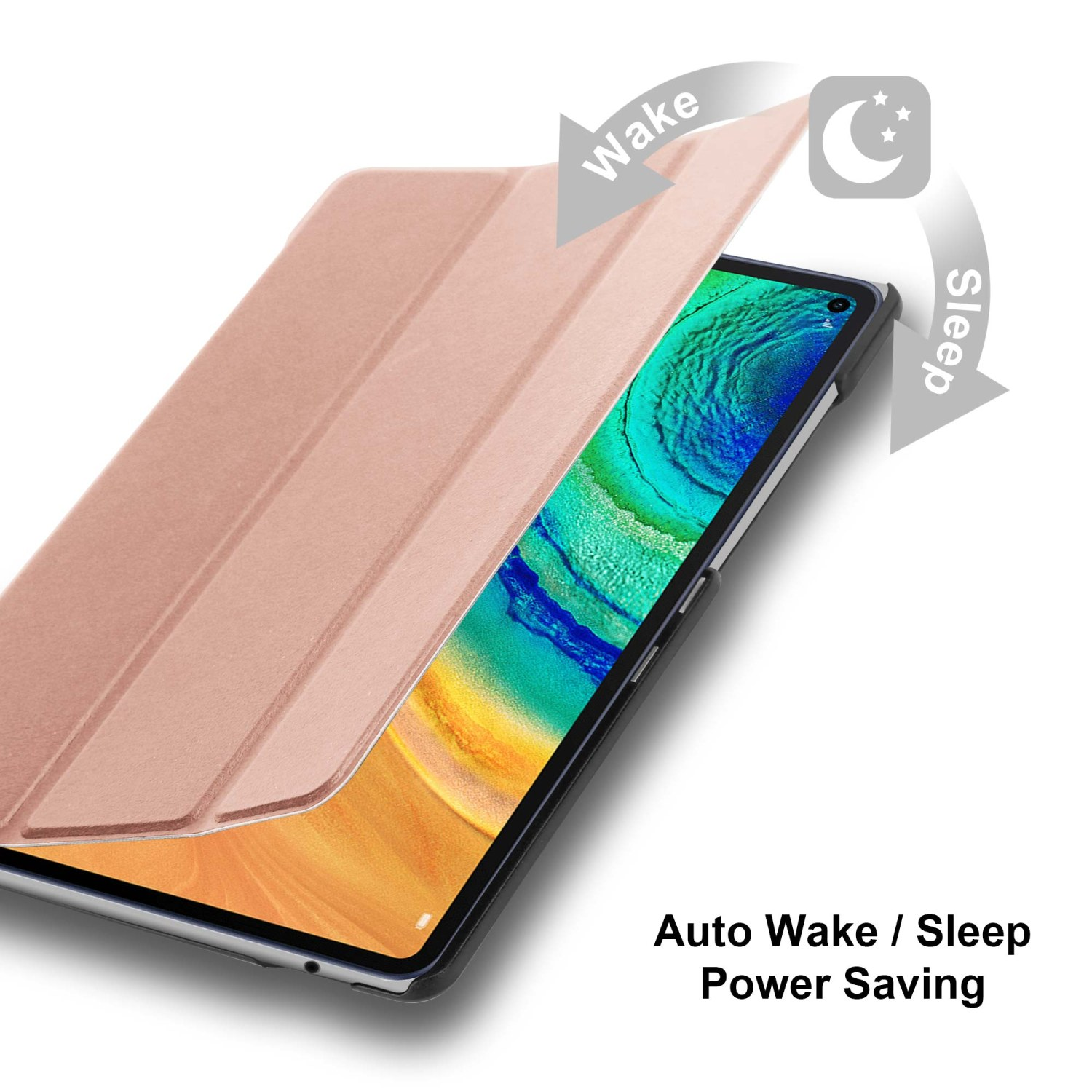 Una custodia rosa con telefono aperto. Le frecce indicano la funzione sleep/wake. Il telefono è su sfondo bianco.