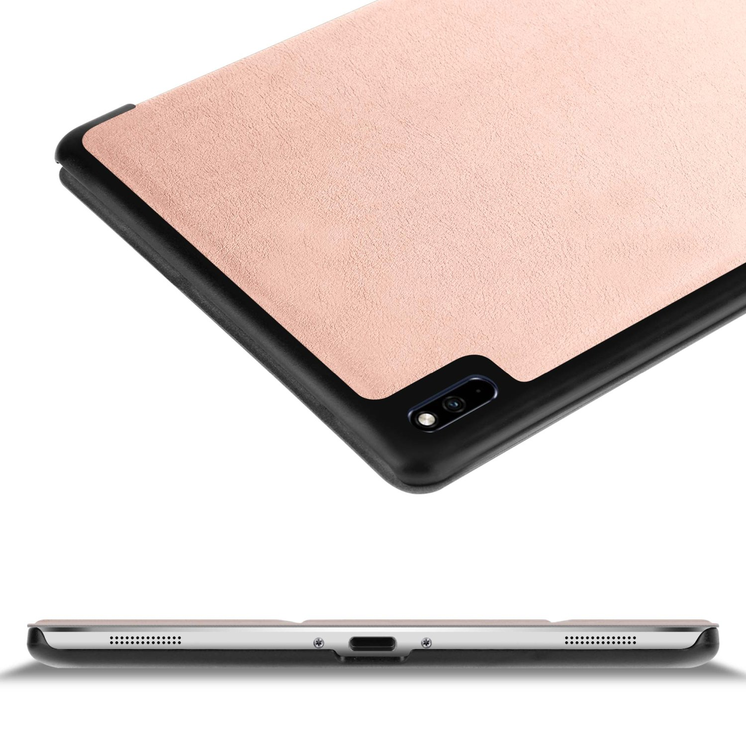 Una custodia per tablet, vista dall'alto e laterale. La custodia è rosa e nera.