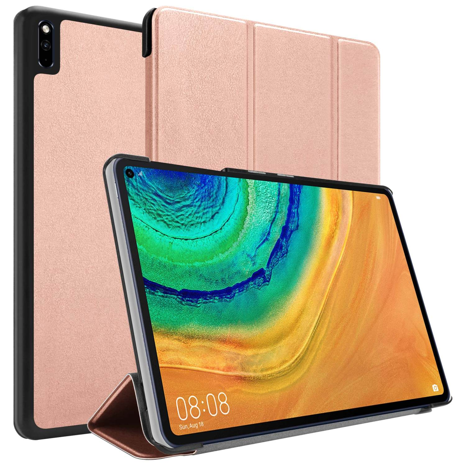 Tablet color oro rosa con schermo acceso, due custodie dietro. Cornice nera, schermo dorato, sfondo bianco.