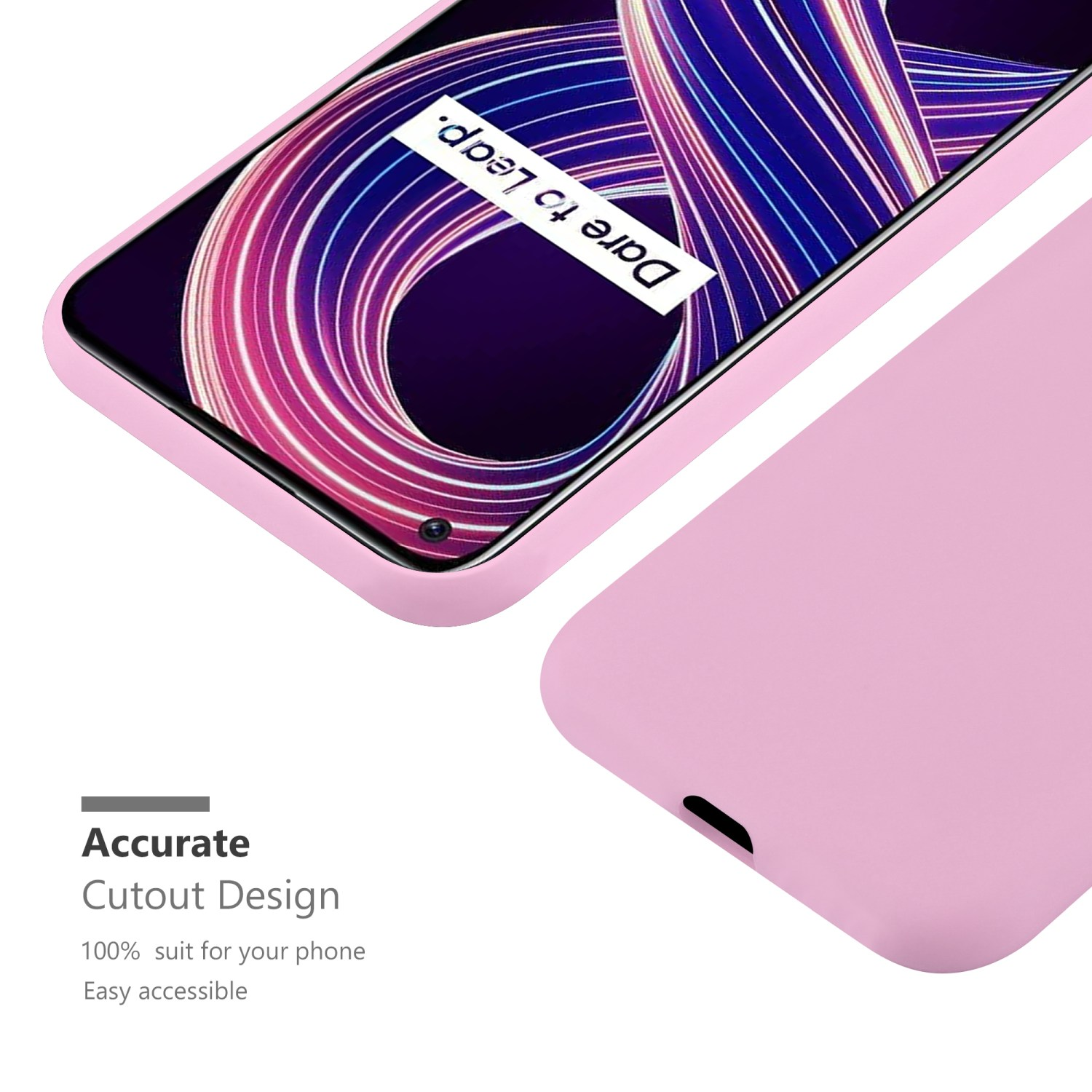 Primo piano di una custodia rosa per telefono. Schermo del telefono visibile. Testo: Design ritaglio preciso. 100% adatto.