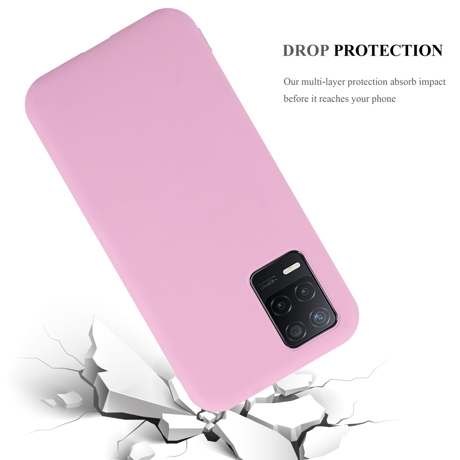 Custodia per telefono rosa con telefono all'interno. Il telefono sta cadendo, il testo recita: Protezione dalle cadute, assorbe l'impatto.