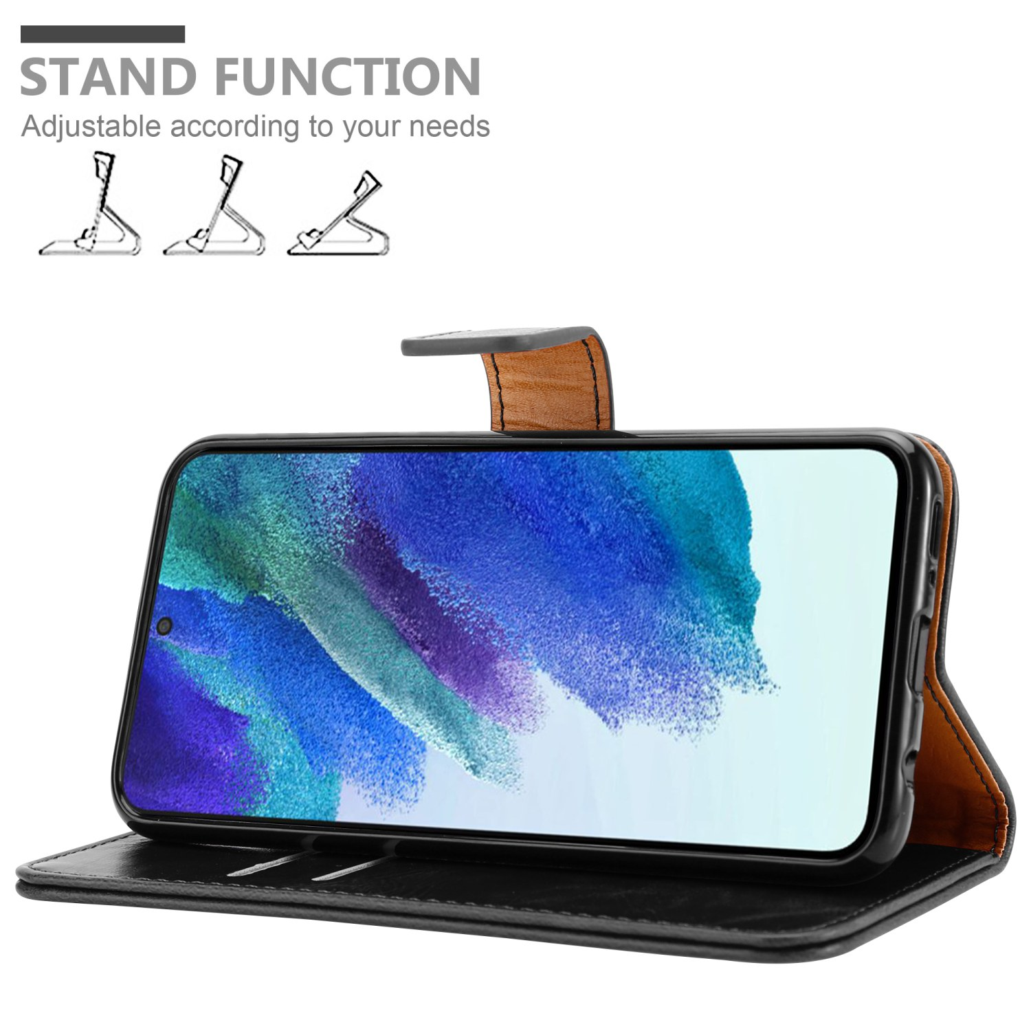 Telefon in einer Brieftaschenhülle im Standmodus. Text: Standfunktion.
