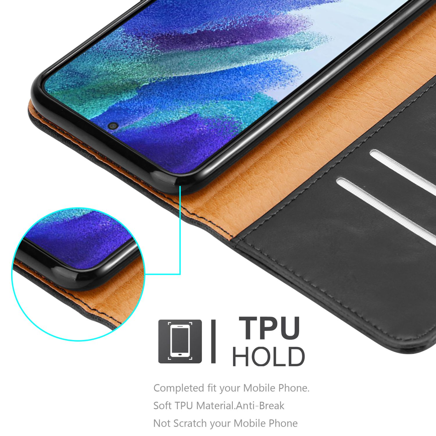 Schwarze und braune Handyhülle offen, mit dem Telefon darin. Details zum TPU-Halter.