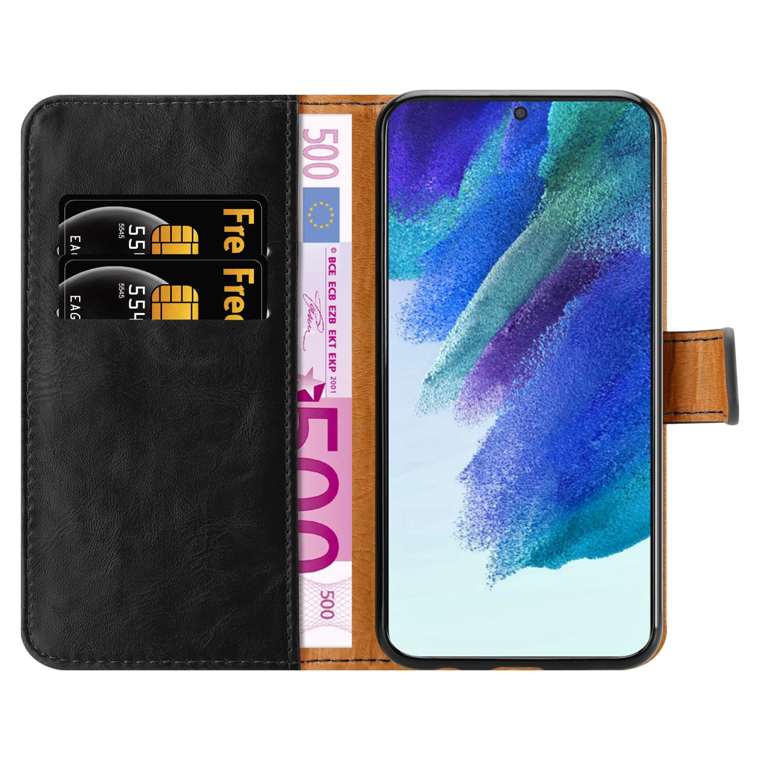 Schwarze Leder-Wallet-Handyhülle geöffnet, mit Geld und Kreditkarten sowie einem Telefon.