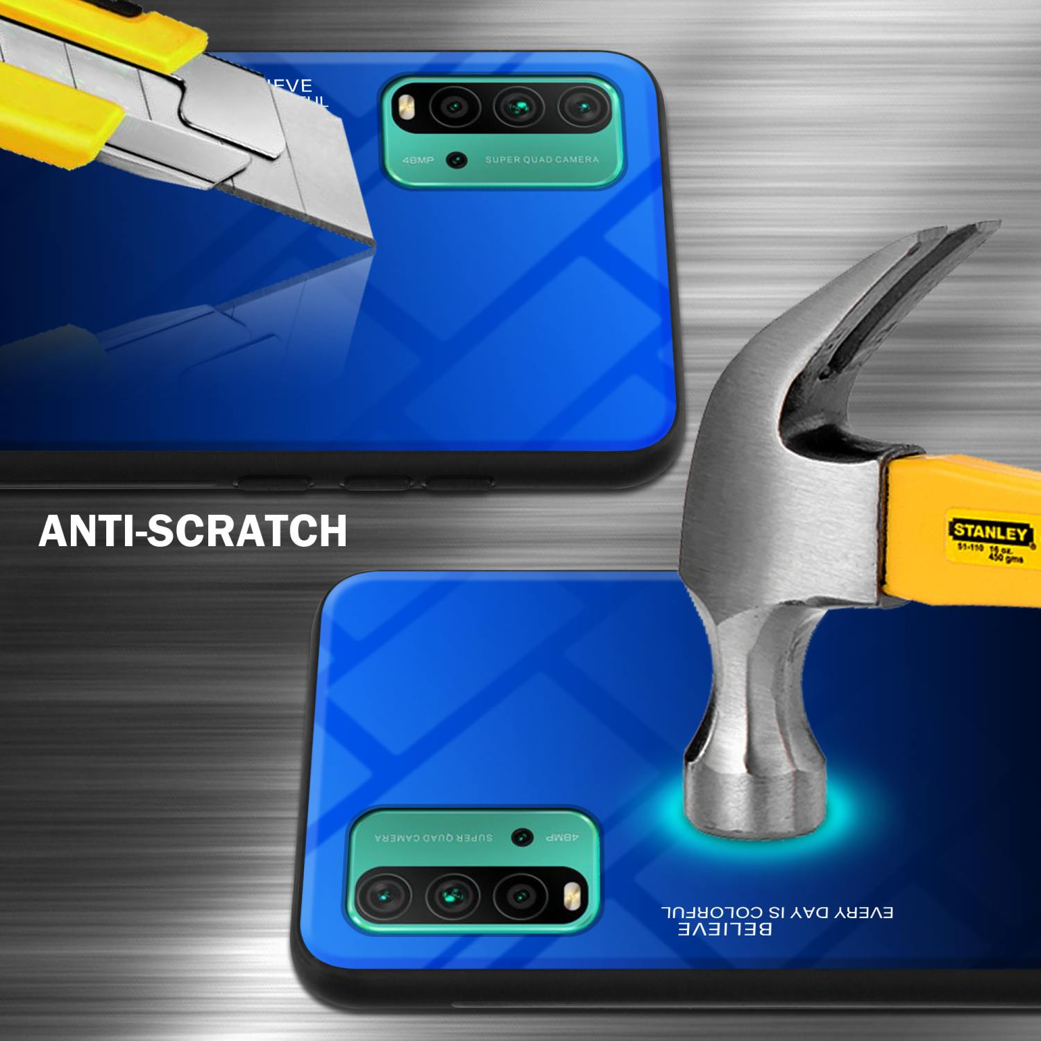 Telefonbildschirm mit Cutter und Hammer auf Kratzfestigkeit getestet. Blauer Farbverlaufhintergrund.