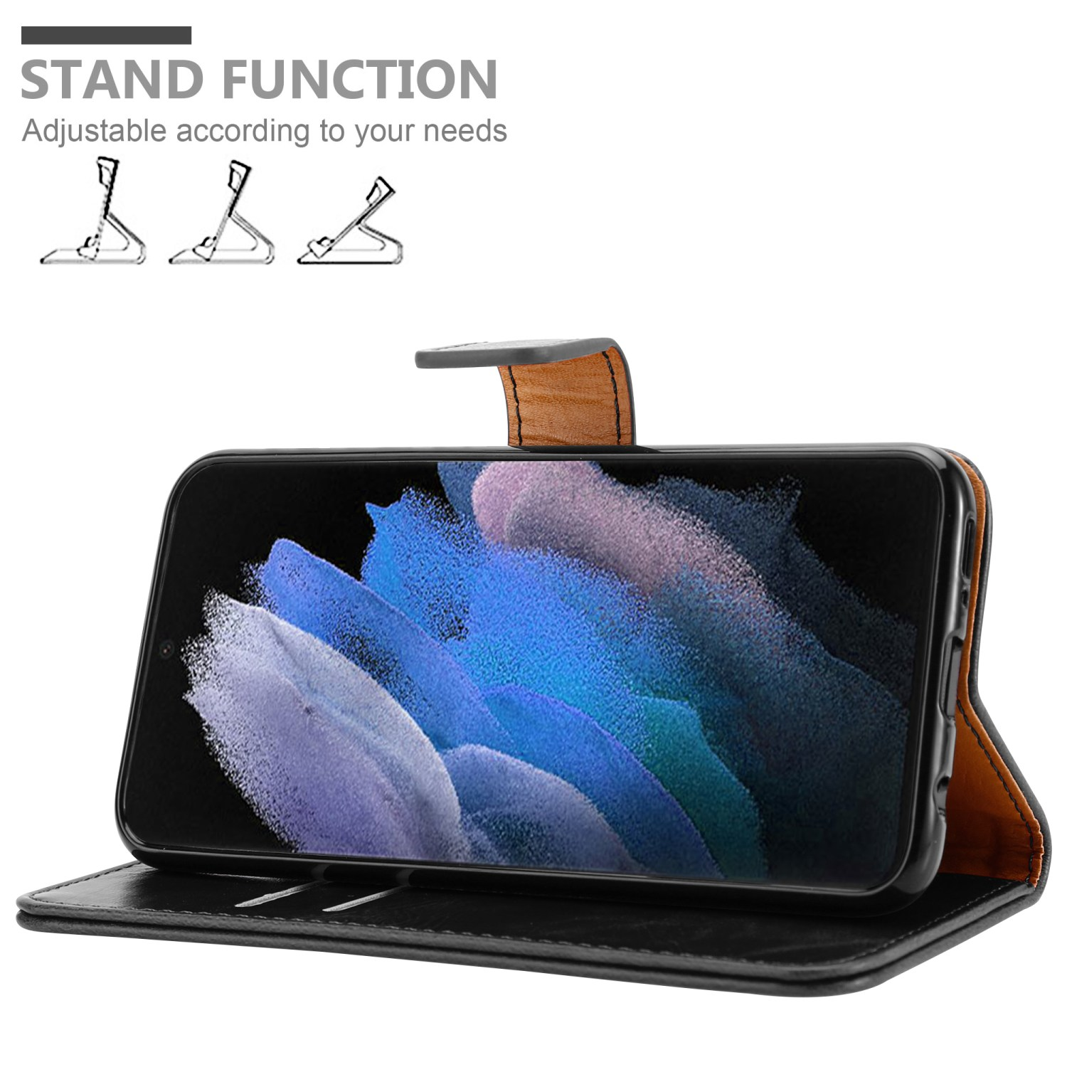 Telefon in einer Hülle, aufgestellt. Die Hülle ist schwarz und braun.