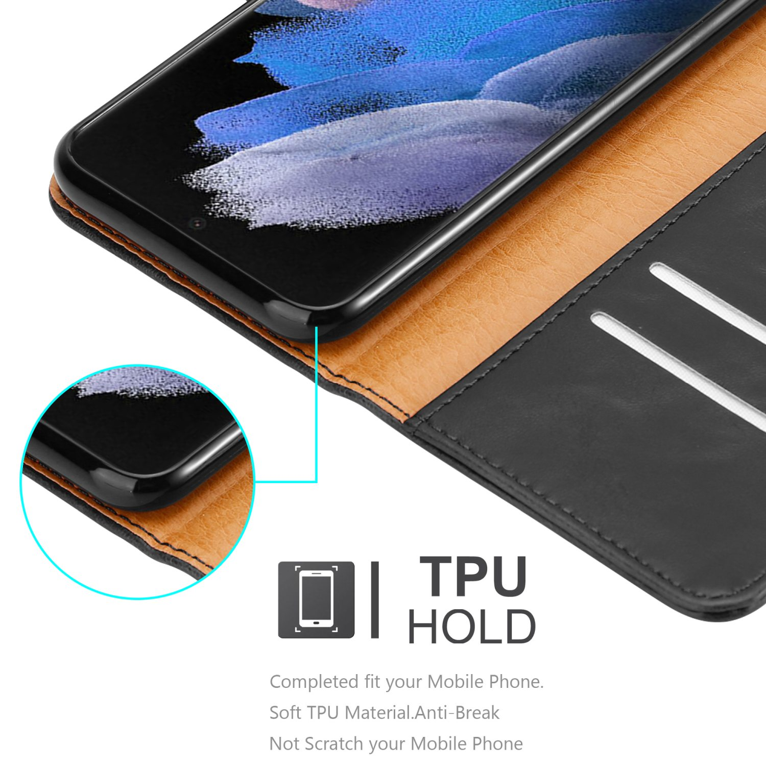 Schwarze Handyhülle mit Telefon, mit Kartenfach. TPU HOLD Text ist sichtbar.