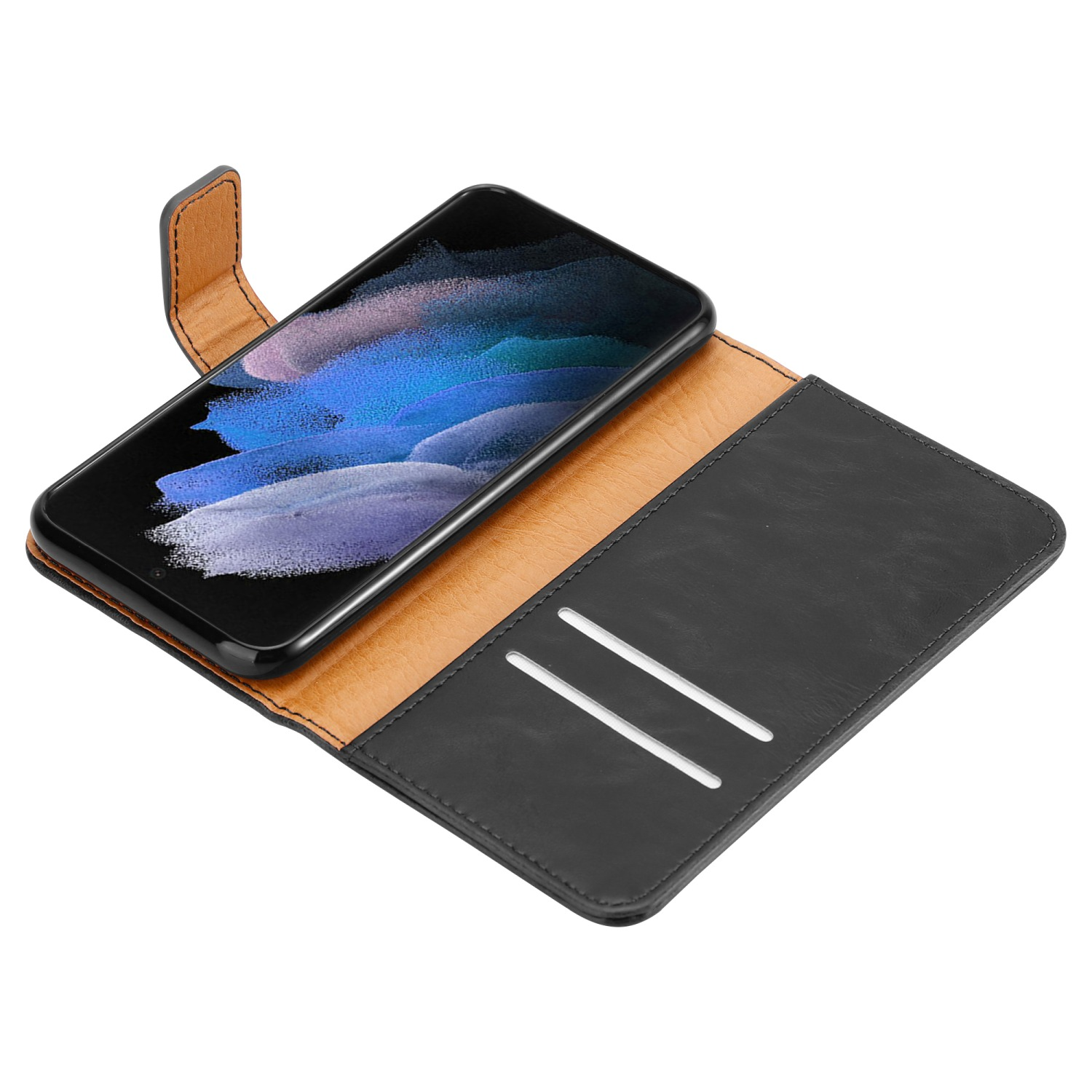 Schwarze Handyhülle offen, mit Telefon und lederähnlicher Textur.