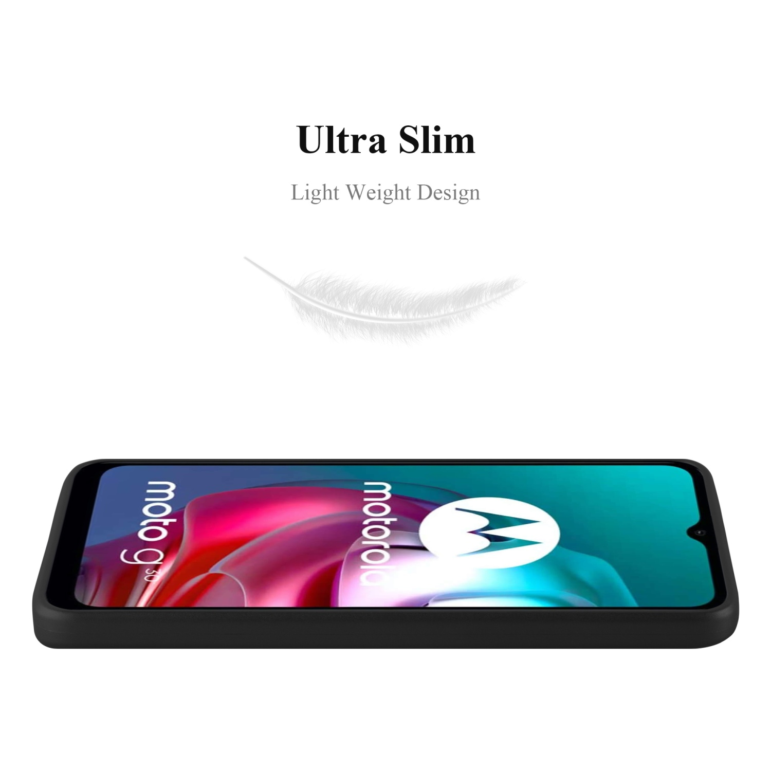 Custodia per telefono nera appoggiata su una superficie. Il logo del telefono è visibile.