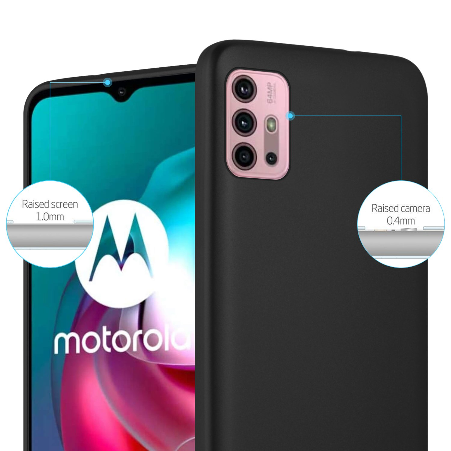 Una custodia nera con fotocamera rosa. Lo schermo e la fotocamera sono rialzati.