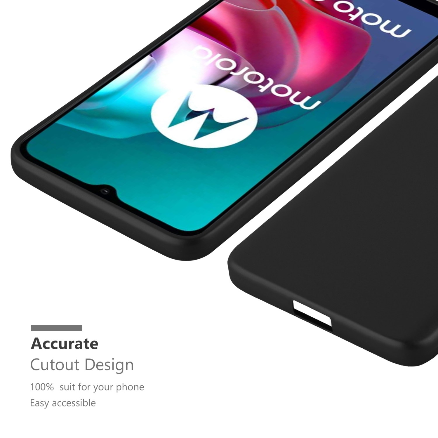 Primo piano di un telefono in una custodia nera. Il telefono mostra il logo Motorola.