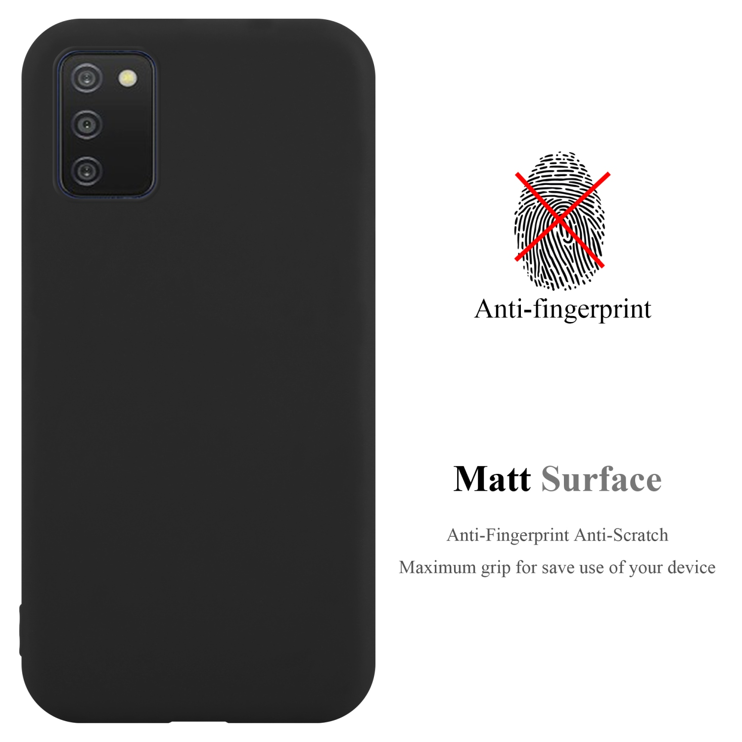 Custodia nera per telefono con tre fotocamere. Anti-impronte, superficie opaca. Il testo descrive le caratteristiche.