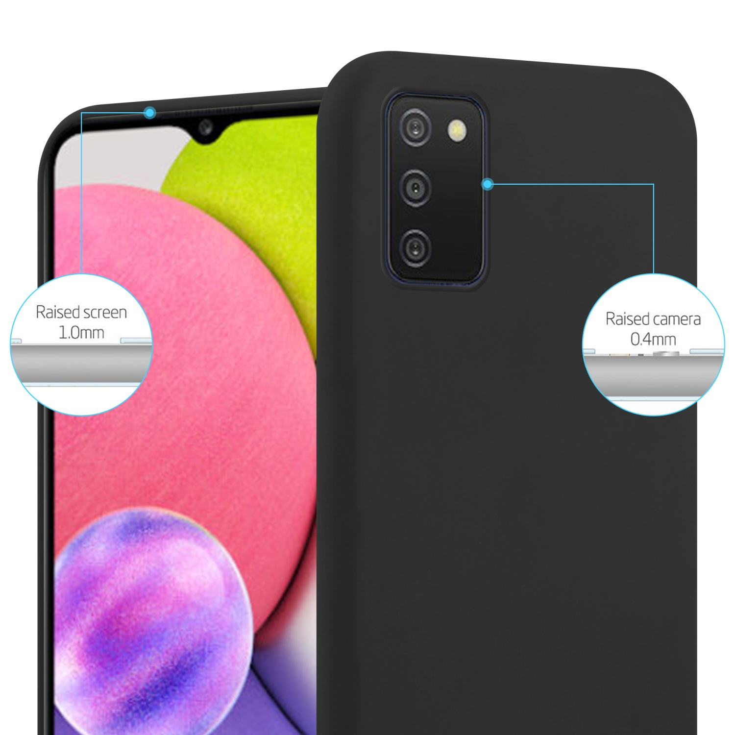 Telefono nero con protezione schermo e fotocamera. Testo: Schermo rialzato 1,0 mm e fotocamera rialzata 0,4 mm.