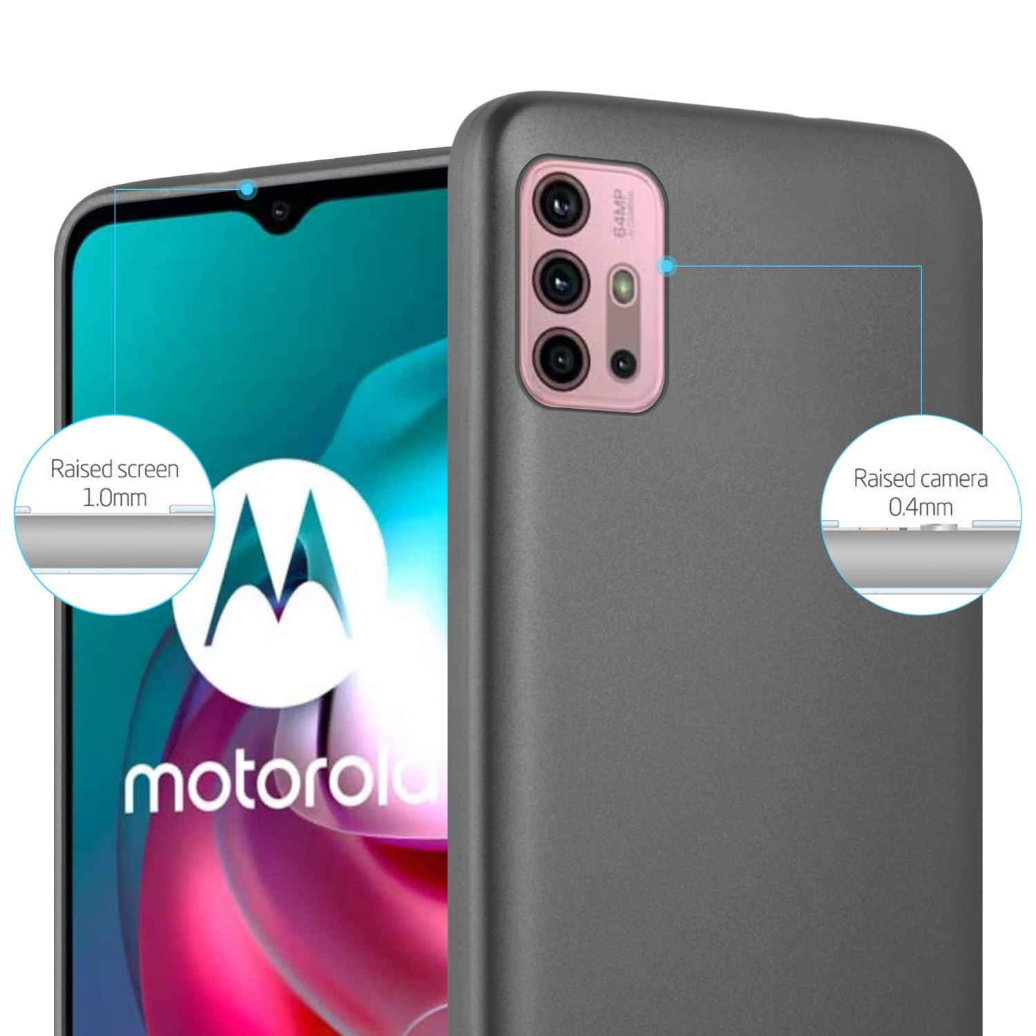 Custodia grigia per telefono con fotocamera e dettagli dello schermo e della fotocamera rialzati.