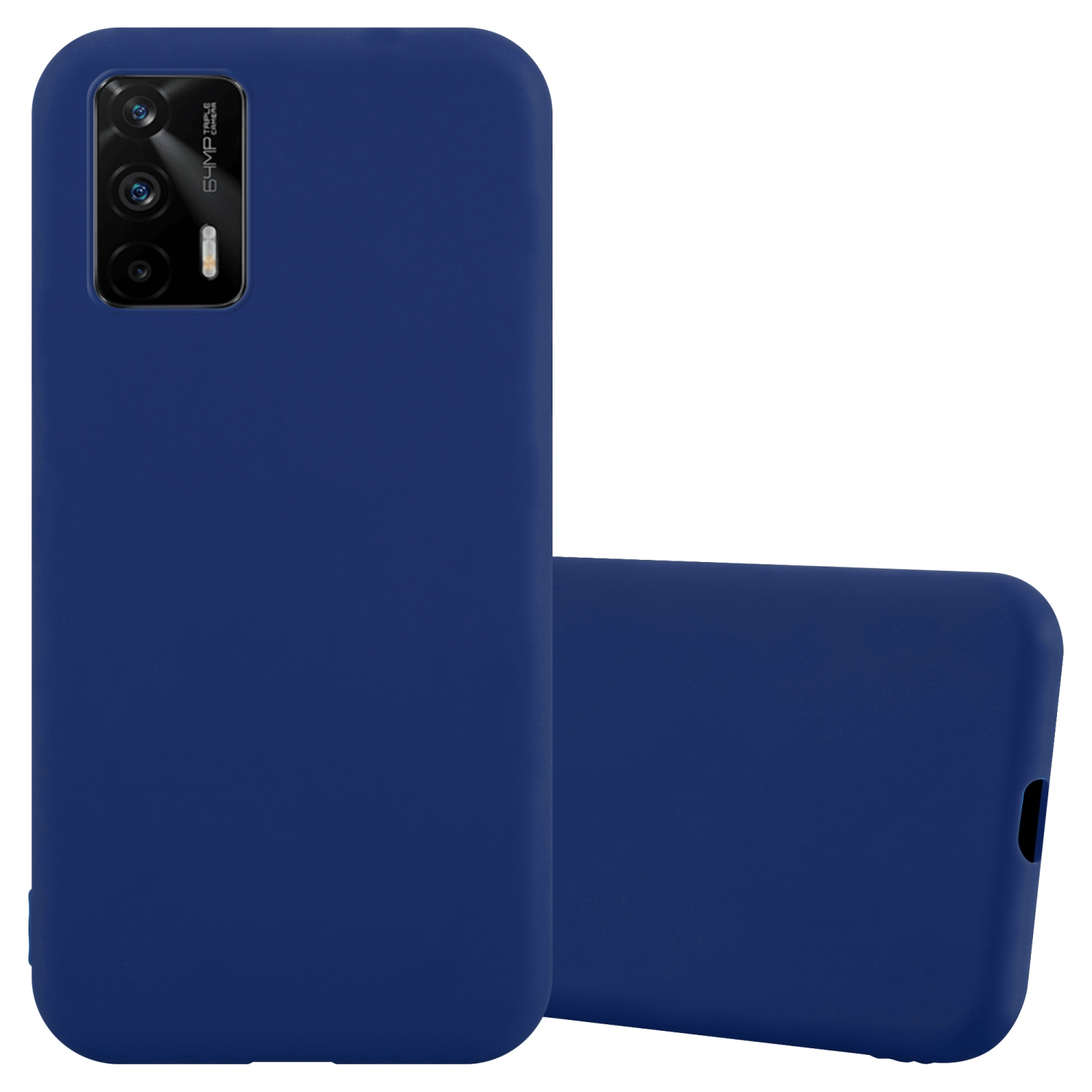 Blaue Handyhülle mit Kamera. Eine aufrecht, eine liegend.