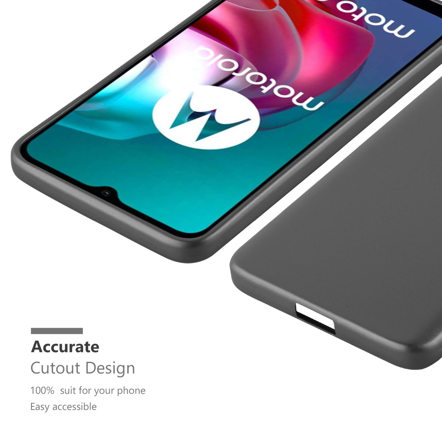 Custodia grigia su un telefono. Il telefono è in primo piano. Il testo dice 'Accurate Cutout Design'.