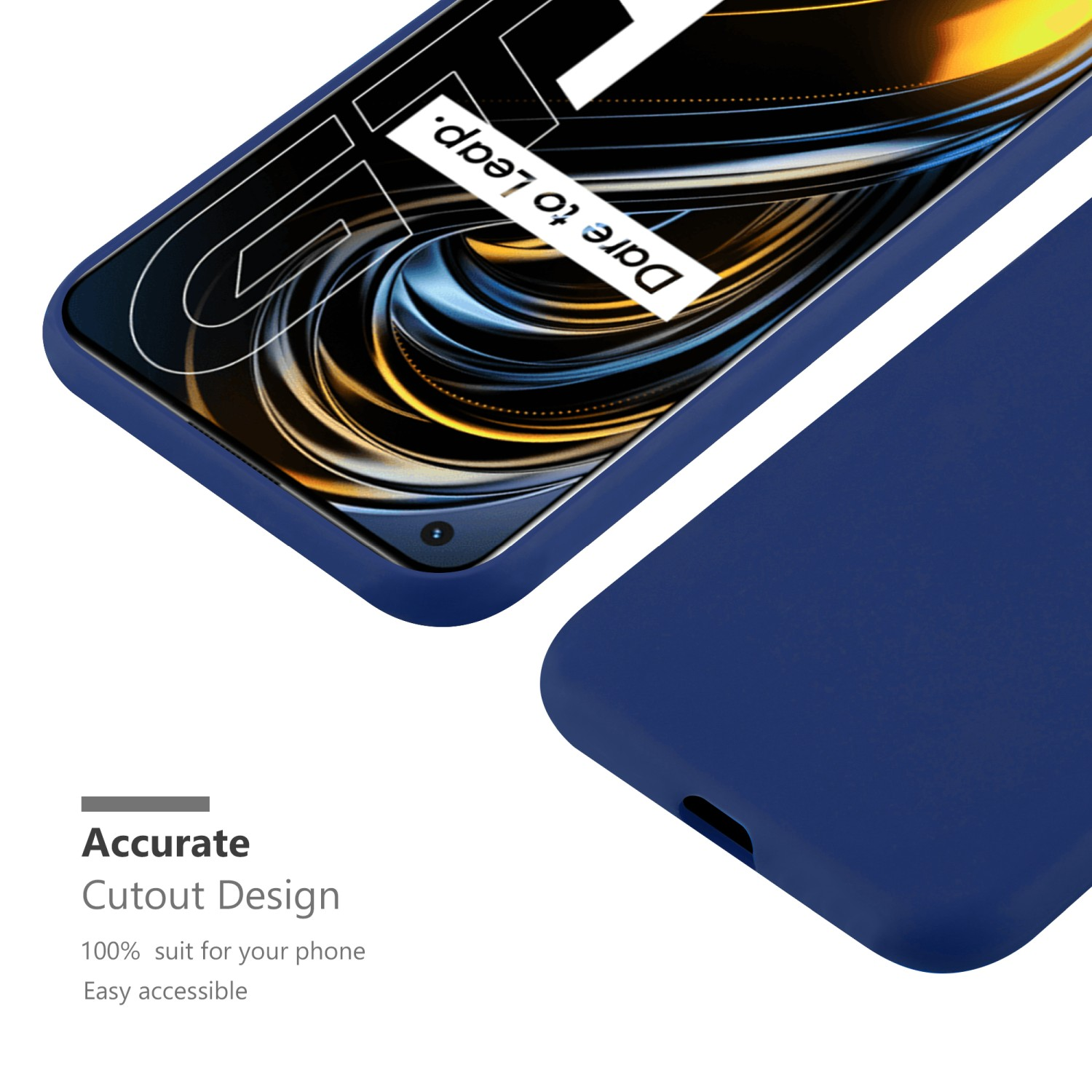 Blaue Handyhülle mit Telefon. Text: Präzises Ausschnitt Design. Text: 100% passend für Ihr Telefon.