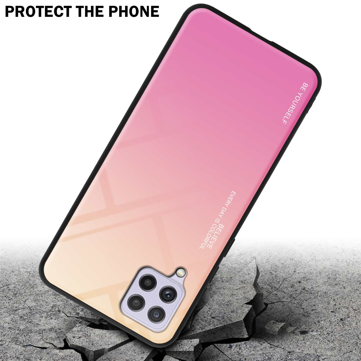 Custodia per telefono con una sfumatura colorata. Il telefono sta rompendo una superficie. Il testo dice: Proteggi il telefono.