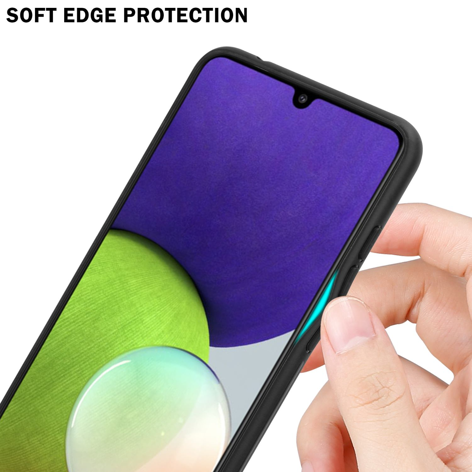 Mano che tiene un telefono in una custodia nera. Il testo 'Soft Edge Protection' è in alto.
