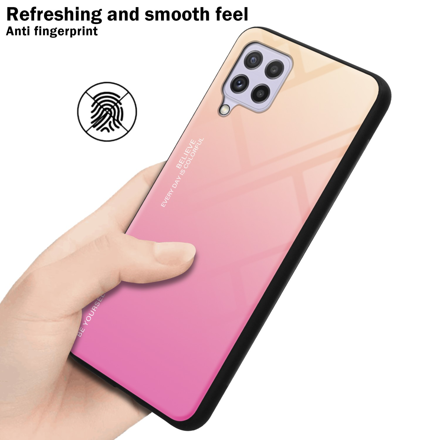 Una mano che tiene una custodia per telefono con gradiente rosa e giallo. È presente anche un'icona dell'impronta digitale.