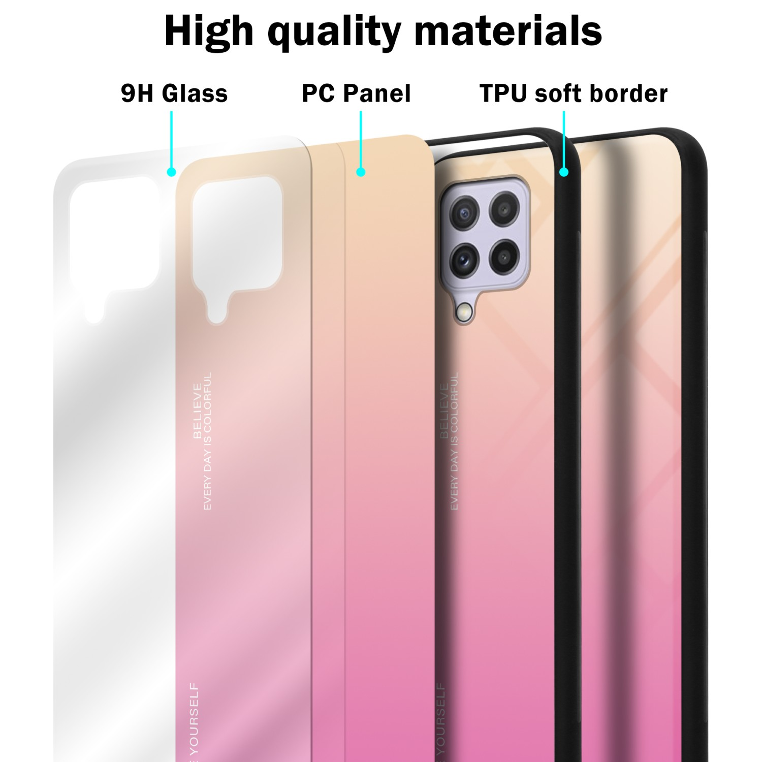 Strati della custodia del telefono con etichette: vetro 9H, pannello PC, bordo morbido in TPU. Testo materiali di alta qualità.