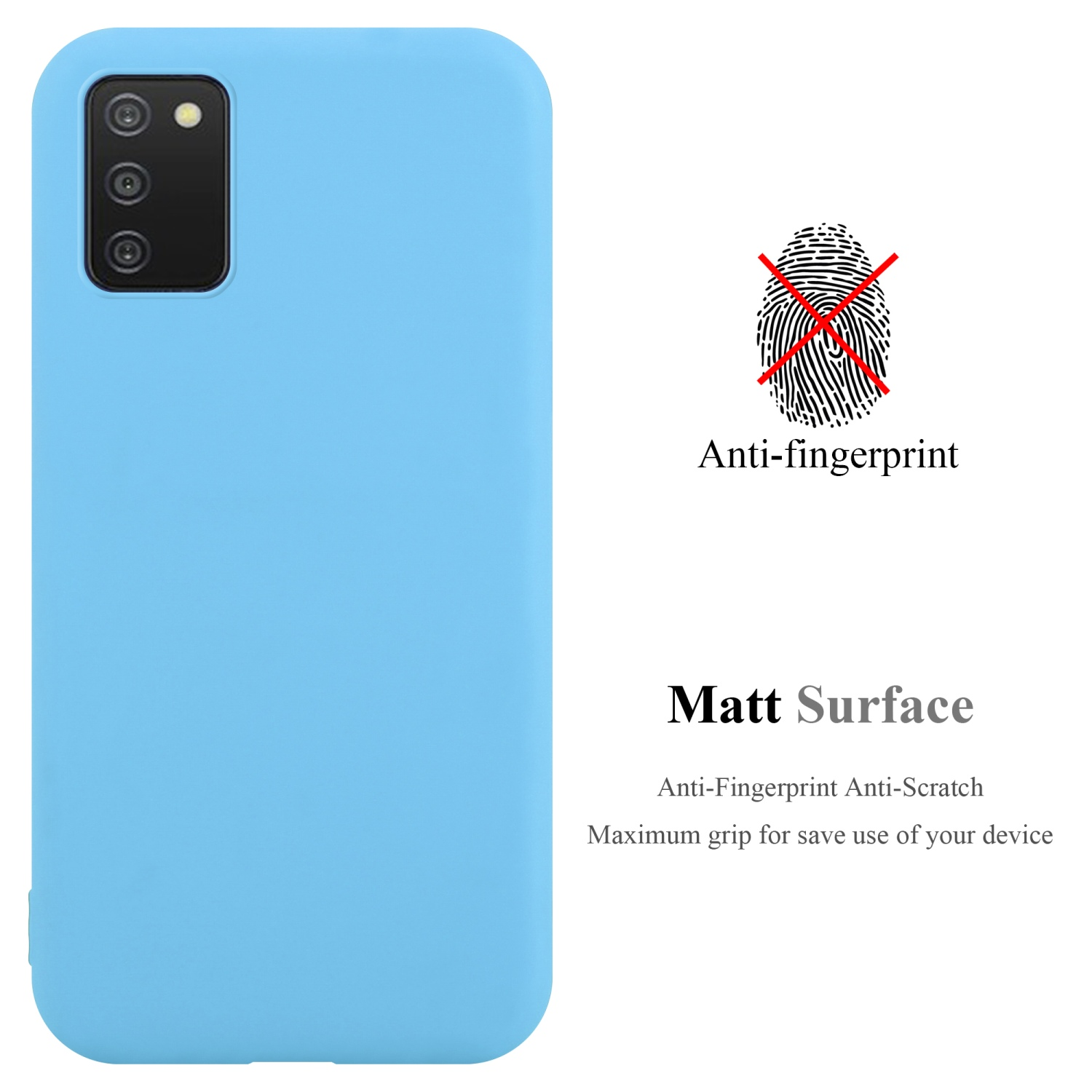Una custodia per telefono blu chiaro con fotocamera nera. Testo: Anti-impronte e superficie opaca.