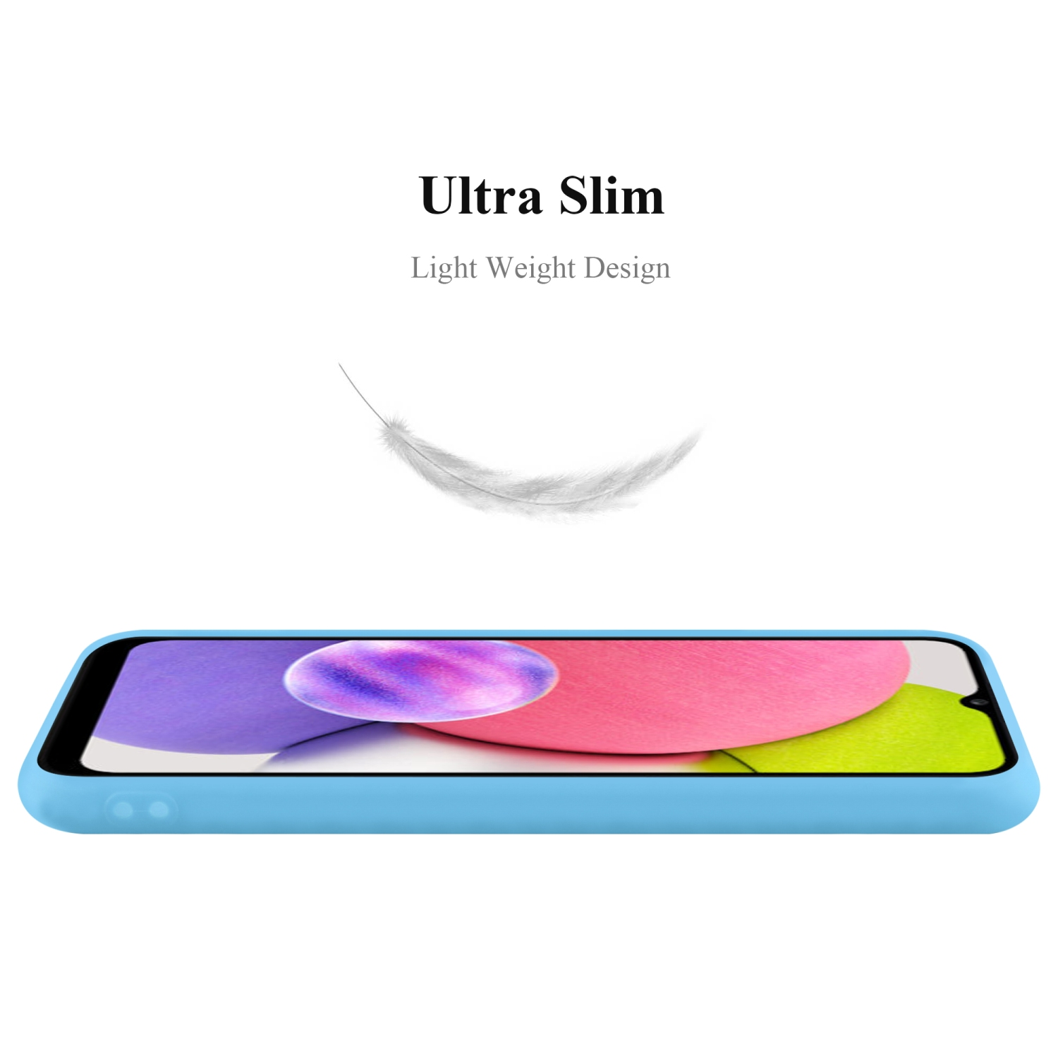 Custodia azzurra, vista laterale. Il telefono mostra un design. Sfondo bianco. Grafica della piuma.