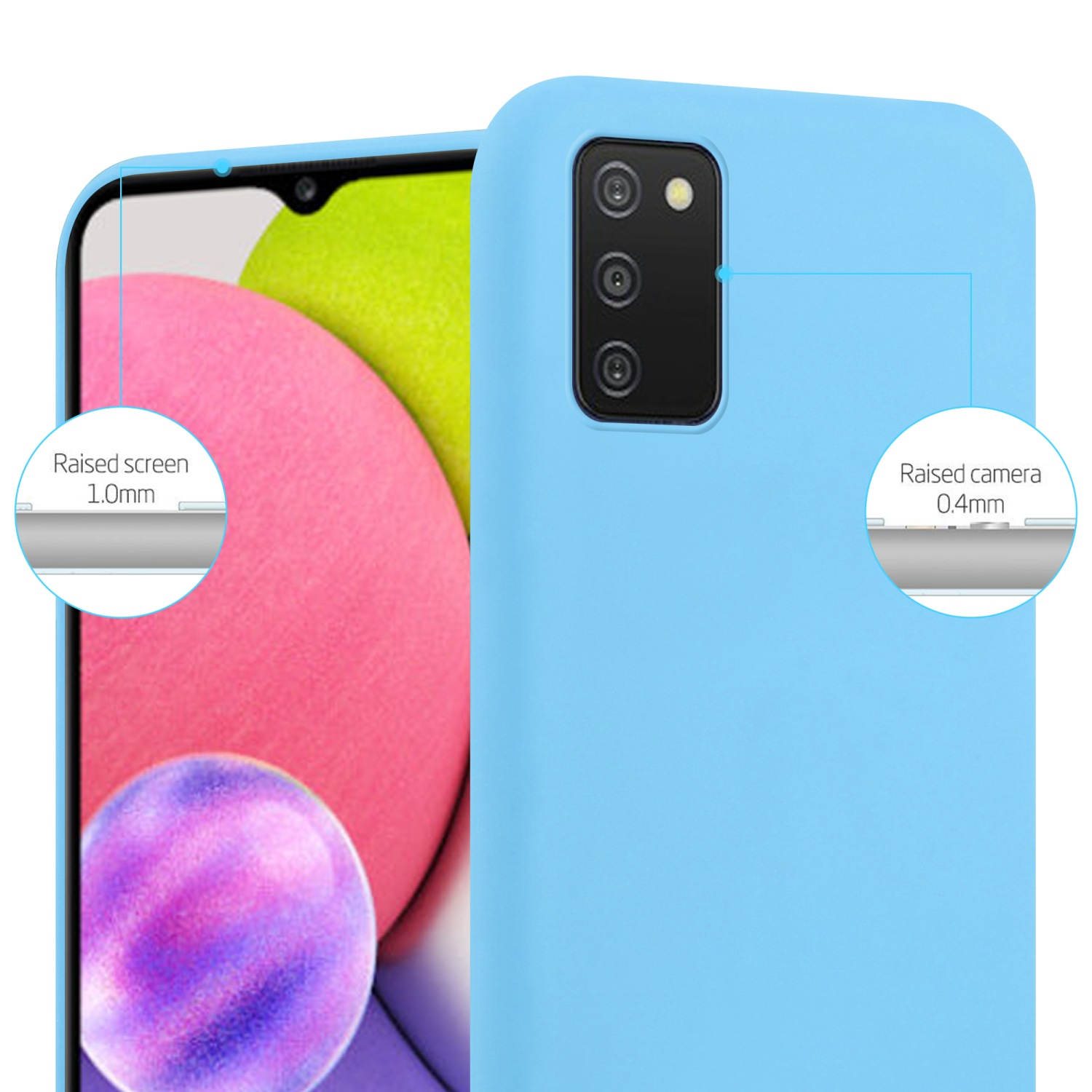 Custodia per telefono azzurra. Dettagli schermo e fotocamera rialzati con etichette. Etichette di testo.