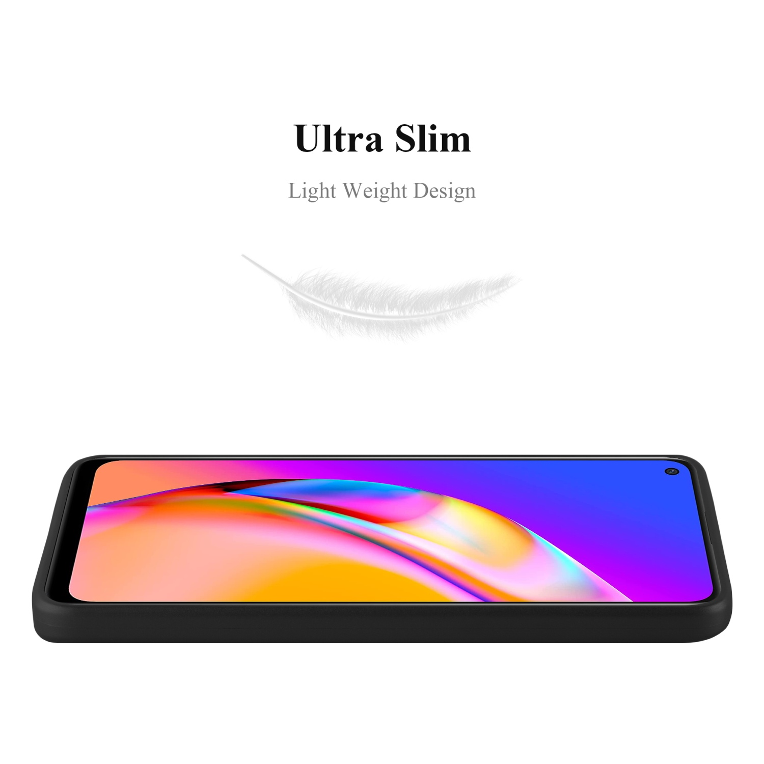 Custodia per telefono nera, vista laterale, design ultrasottile, con una piuma bianca sopra.