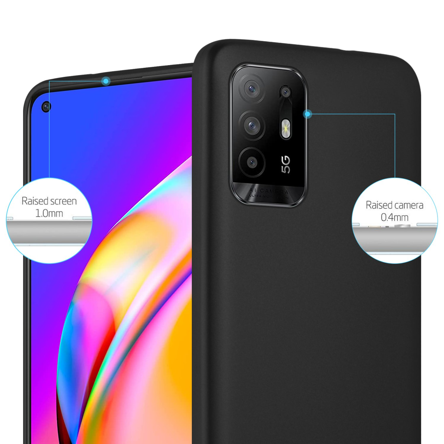 Custodia per telefono nera con telefono all'interno. Il telefono ha bordi dello schermo e della fotocamera rialzati.
